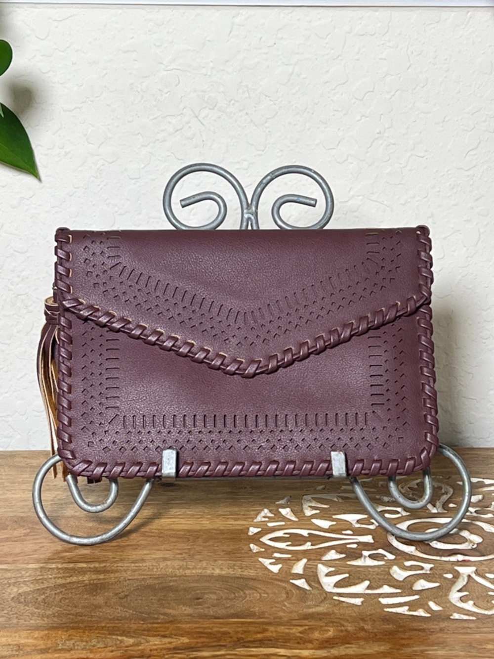 Woven-Trim Envelope Clutch in Plum